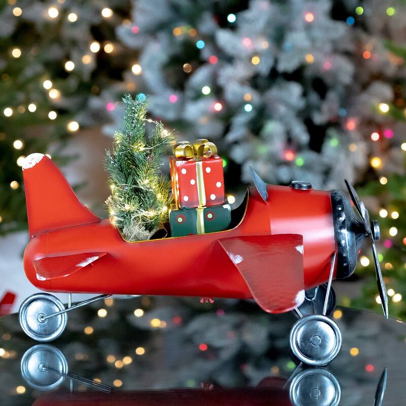Small Red Airplane with Lighted Christmas Tree and Gifts - 29.5" L x 22" W x 12" H
