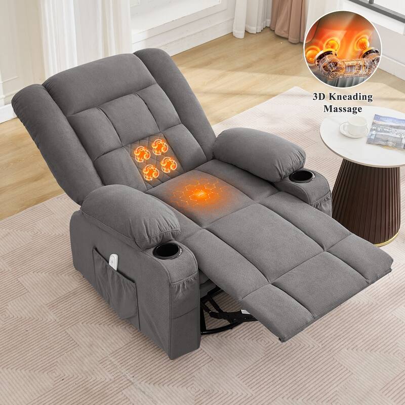 Oversized Swivel Recliner Chair with 4-Point 3D Kneading Massage and Heat, Single Sofa Chair with 2 Cup Holders & USB Port