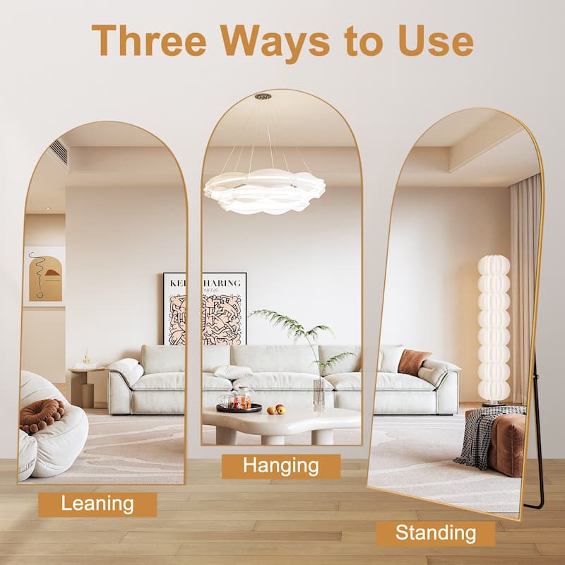 Modern Arched Full-Length Wood Floor Standing Mirror