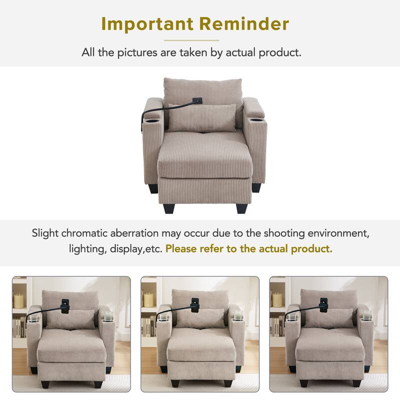 Corduroy Convertible Chaise Lounge with USB, Cup Holders & Storage