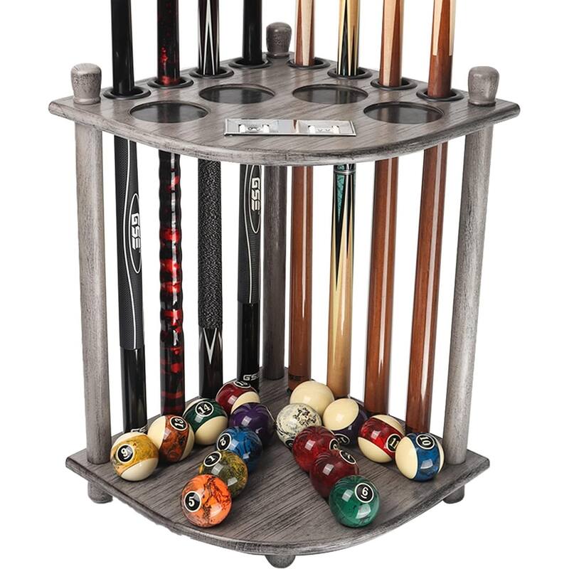 GSE™ 8-Pool Cue Wooden Corner-Style Billiard Pool Cue Rack. Floor Stand Pool Cue Stick Holder - Grey