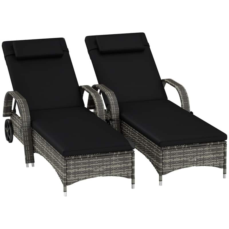 Outdoor Poolside Chaise Lounge Chair Set with Adjustable Backrest Wheels Thick Cushions Steel Rattan Patio Garden Furniture - Mixed Gray, Charcoal Black & 2pc
