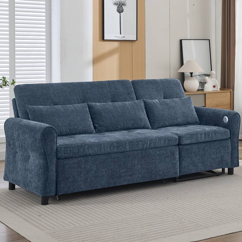 82″ Chenille 2-in-1 Sofa Bed with Adjustable Backrest, Reversible Chaise & USB Ports