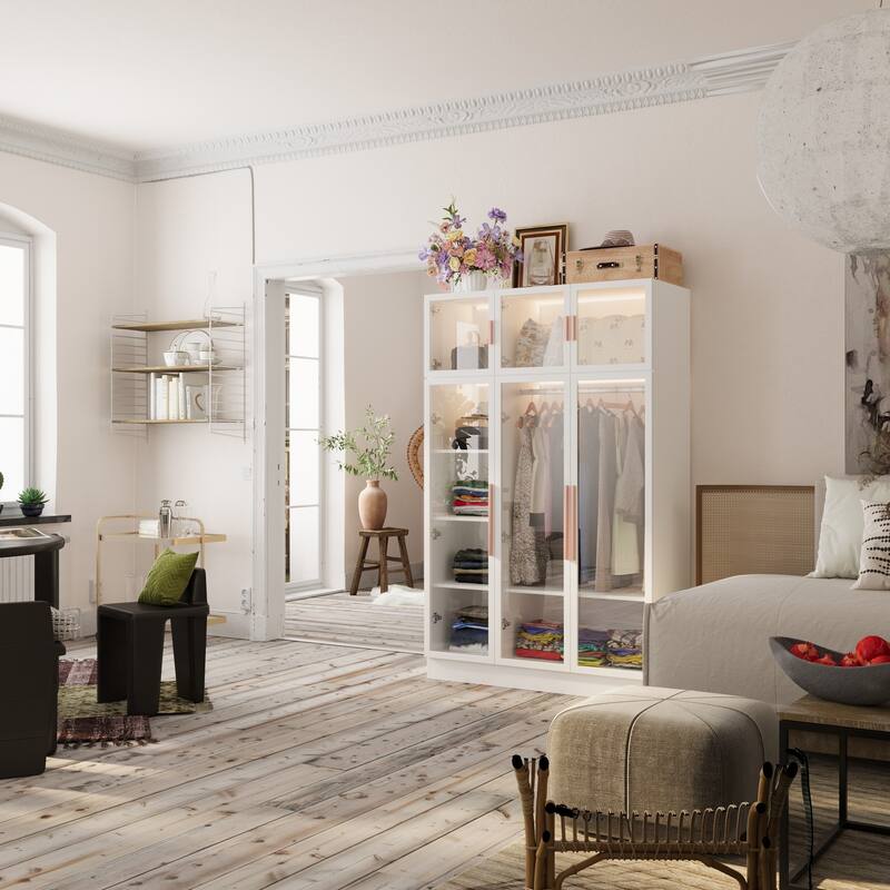 47.2" Wide Armoire LED Light All Glass Door Closet Cabinet Wardrobe