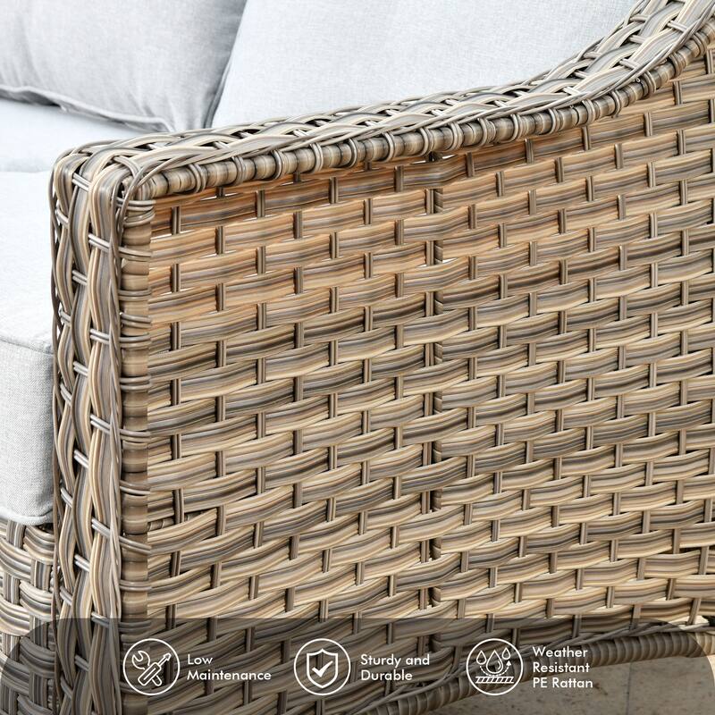 OVIOS 7 Pieces Outdoor Wicker Curved Swivel Chair Set With Fire Table
