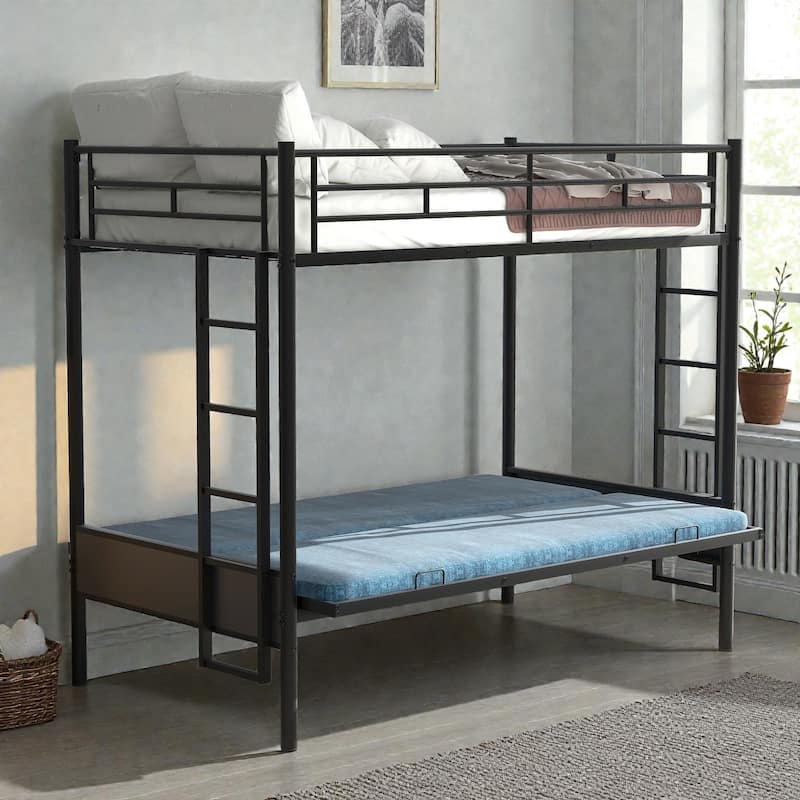Twin over Full Metal Bunk Bed with Futon Sofa, Multi-Function Convertible Design, Heavy-Duty Steel Frame
