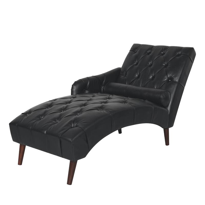 Faux Leather Chaise Lounge Chair with Pillow and Solid Wood Legs, Tufted Upholstered Accent Lounge Chair with Arm