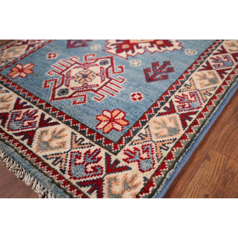 Hand Knotted Oriental 100% Wool Carpet Traditional Geometric Navy Blue & Blues Kazak Area Rug - 3' 0'' X 1' 11''