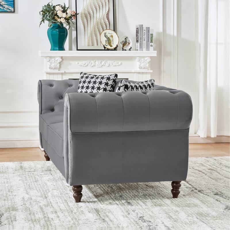 67"Chesterfield ‌velvet upholstery fabric Sofa with Roll Armrest & Nailhead,Upholstered Mid Century Modern Couch,2 Seater Couch