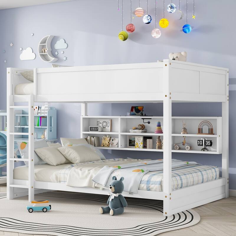 Bunk Bed with Built-in Storage Cabinets and Charging Station,Queen Over Queen - White