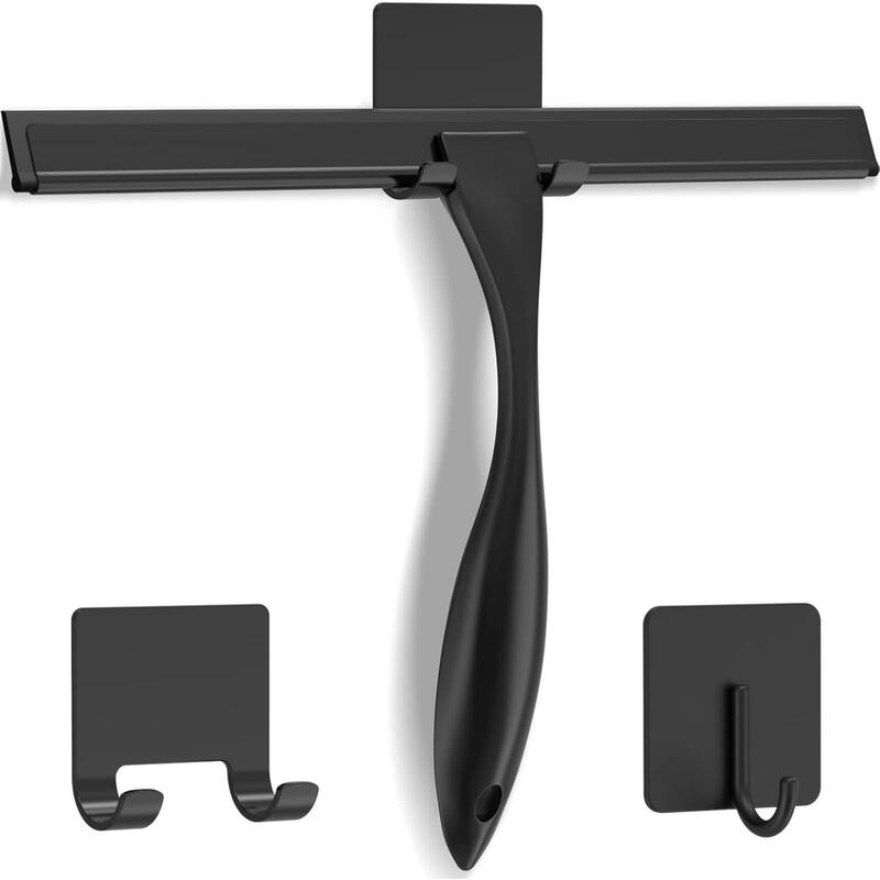 Multi-function Stainless Steel Shower Squeegee with 2 Adhesive Hooks, 10 Inch - Black
