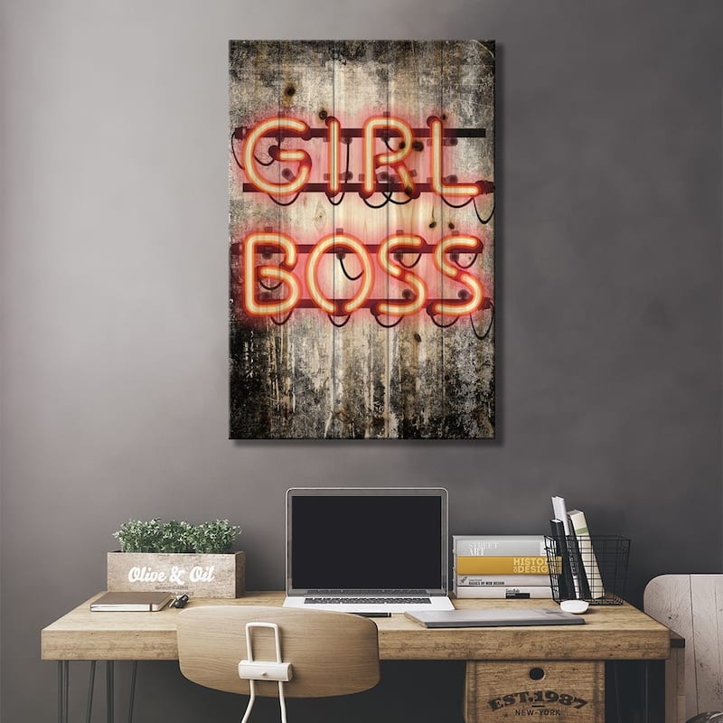 Girl Boss Neon Sign Print On Wood by Amanda Greenwood - Multi-Color