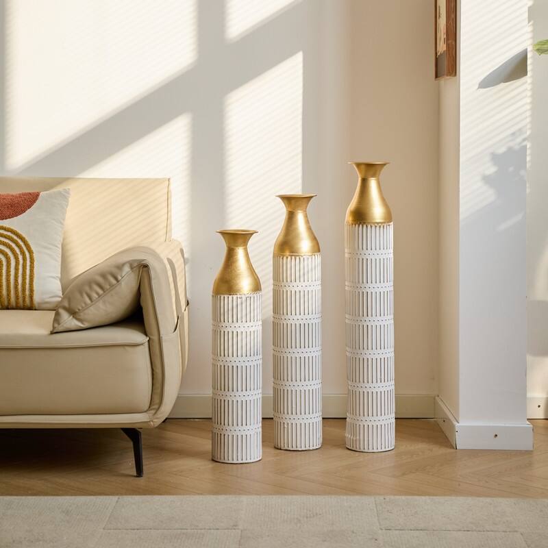 Set of 3 Tall White & Gold Metal Cylinder Vases - Glam Geometric Floor Vases for Modern Home Decor (24", 28.7", 33.4" Heights)