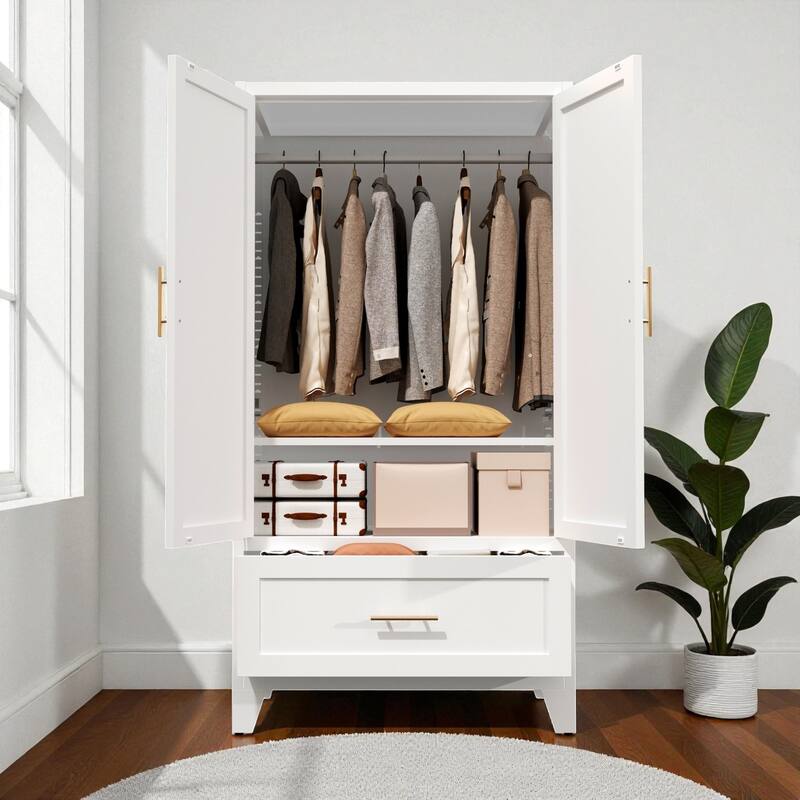 60" Metal Wardrobe Cabinet with Drawer and Hanging Rod, Steel Storage Closet with Adjustable Shelf for Bedroom & Office