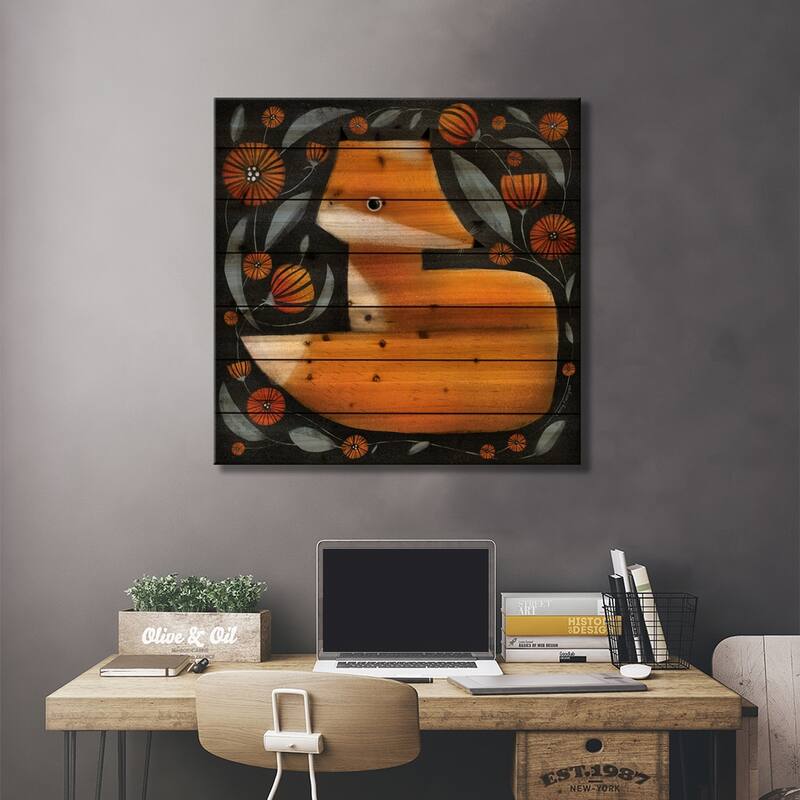 Fox And Flowers Print On Wood by Terry Runyan - Multi-Color