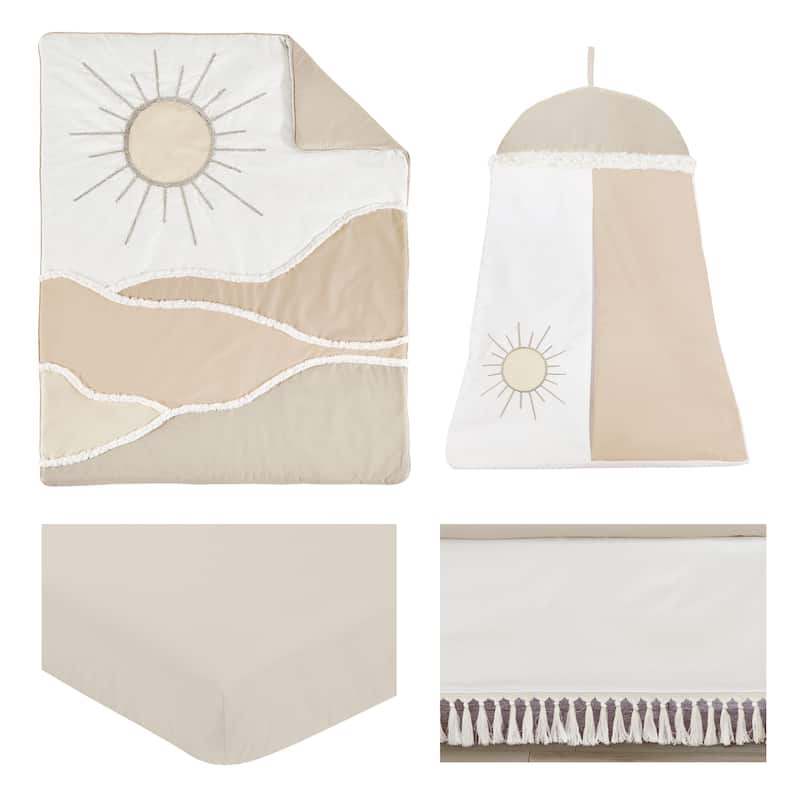 Boho Desert Sun Taupe 4pc Nursery Crib Bedding Set Neutral Tan Beige Ivory Gold Off White Bohemian Mountain Geometric Sunshine