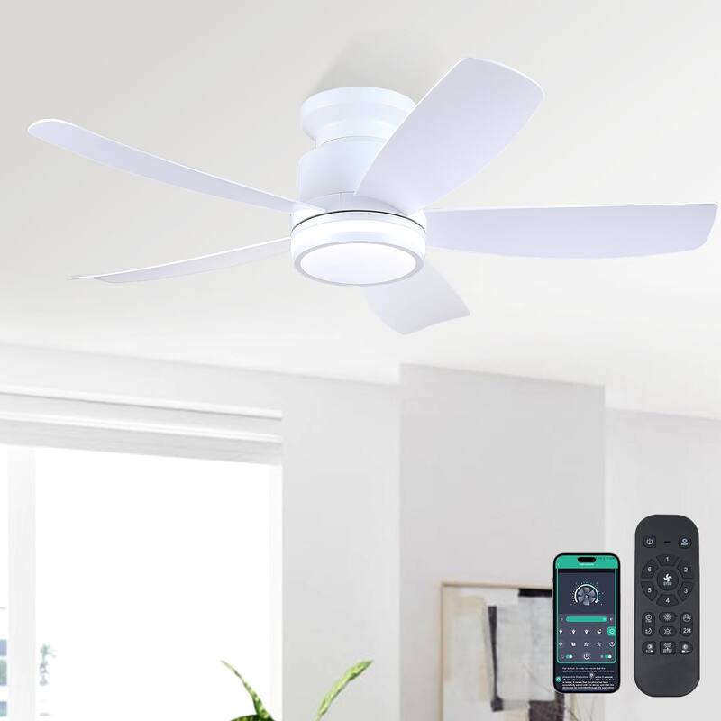 41 Inches Ceiling Fan with Light,5 ABS Blades,Flush Mount Low Profile Ceiling Fan with Light and Remote for Bedroom Living Room - White