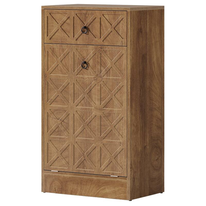 13 Gallon Wooden Fluted Tilt-Out Trash Can Cabinet with Drawer, Hidden Garbage Bin Storage Unit for Kitchen Living Room