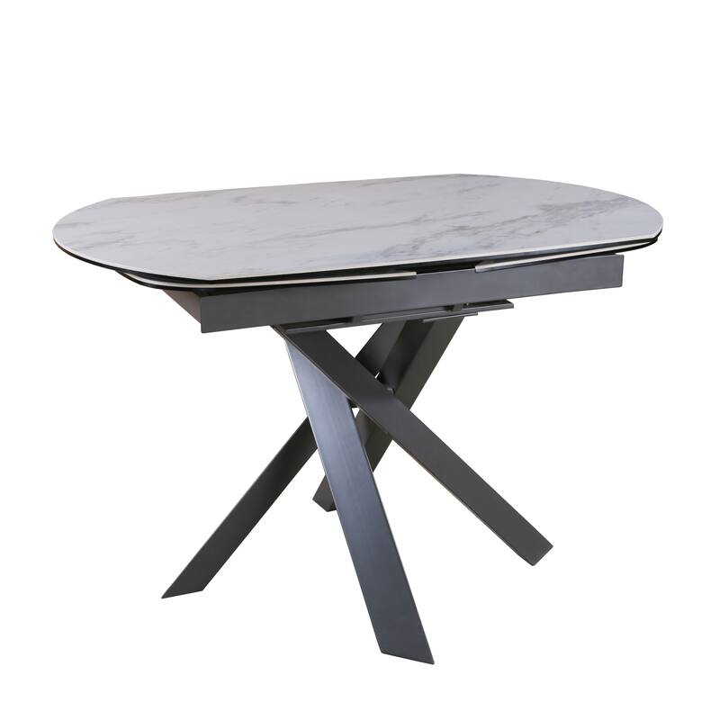 HomeRoots 47" Gray and White Ceramic and Metal Self-Storing Leaf Cross Leg Base Oval Extendable Dining Table