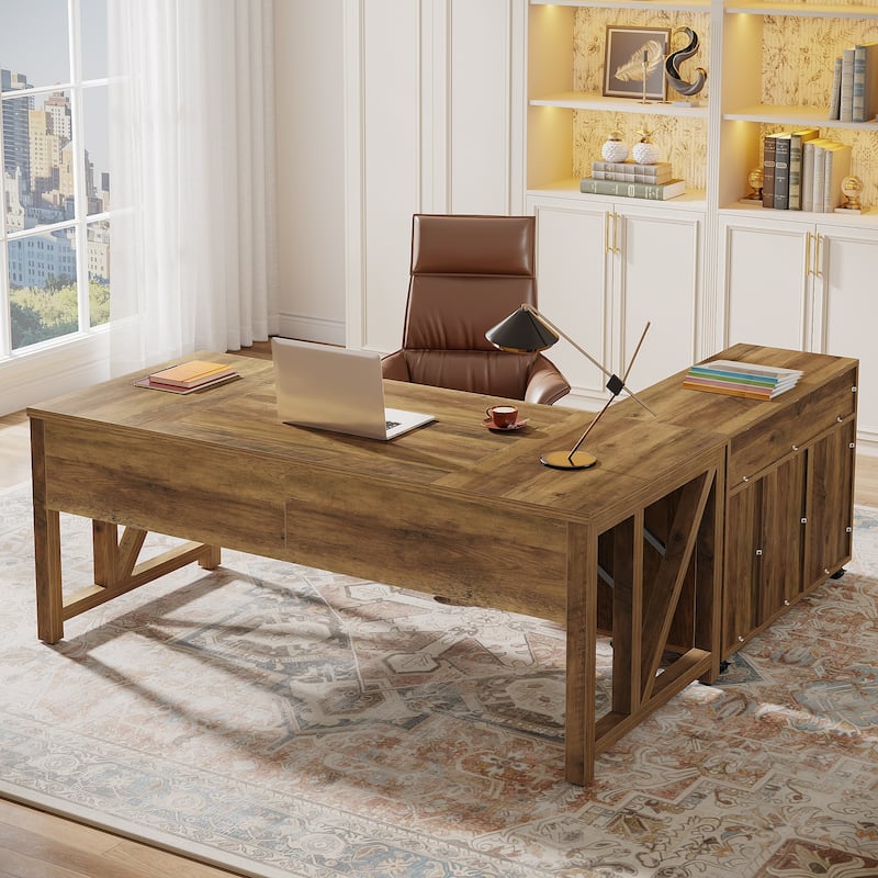 L Shaped Desk Desk and lateral File Cabinet - Brown