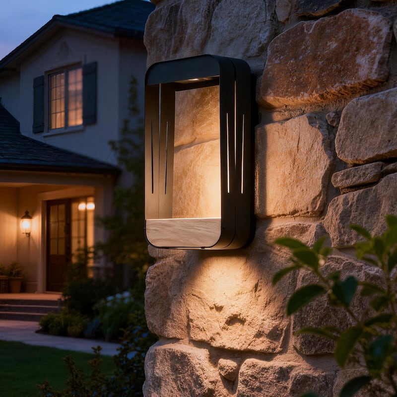 Modern Solar Rectangle Frame Integrated LED Sensor Outdoor Wall Light - Large: 13.6" H x 6.6" W x 4.8" D - Black