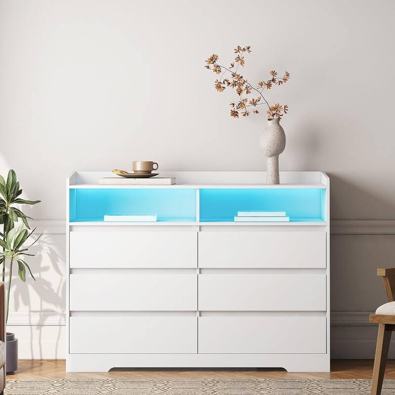 6 Drawer Dresser with LED Lights, MDF Chests of Drawers for Bedroom Storage Cabinet, Wood Dresser with Open Shelves - White