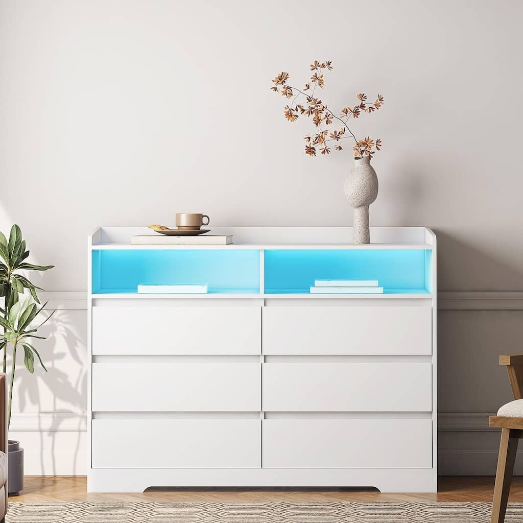 6 Drawer Dresser with LED Lights, MDF Chests of Drawers for Bedroom Storage Cabinet, Wood Dresser with Open Shelves