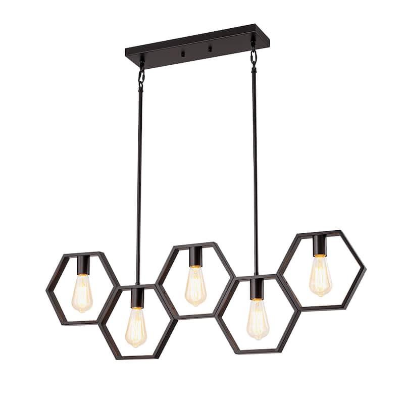 5-Light Mid-Century Modern Matte Black Geometric Pendant Island Lighting - 38.5 in. W x 72 in. H