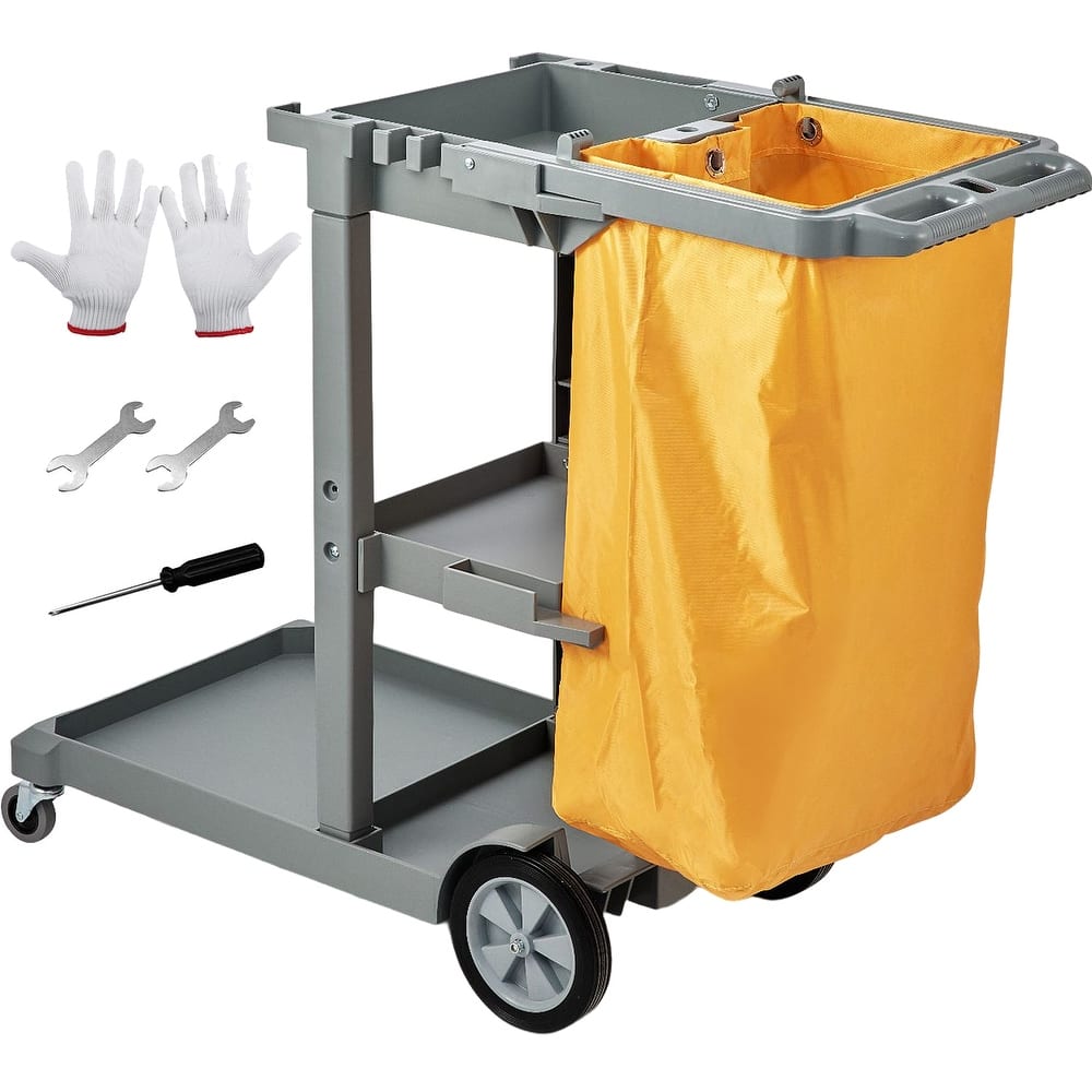 Cleaning Cart, 3-Shelf Commercial Janitorial Cart, 200 lbs Capacity Plastic Housekeeping Cart, with 25 Gallon PVC Bag