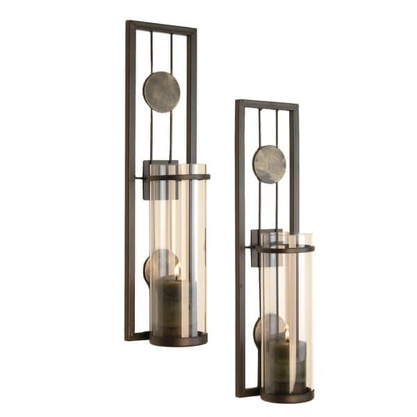 slide 1 of 1, Danya B QBA636 16" Tall Single Candle Wall Sconces with Glass Shades - Set of 2 - aged metal