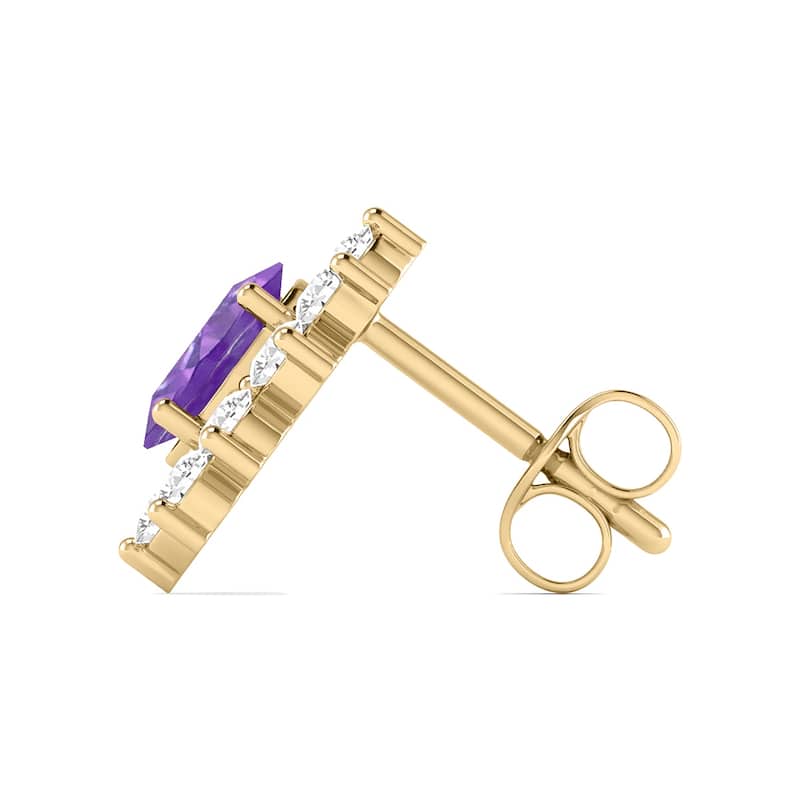 Marquee Oval Shape Amethyst and Diamond Flower Earrings in 14K Yellow Gold
