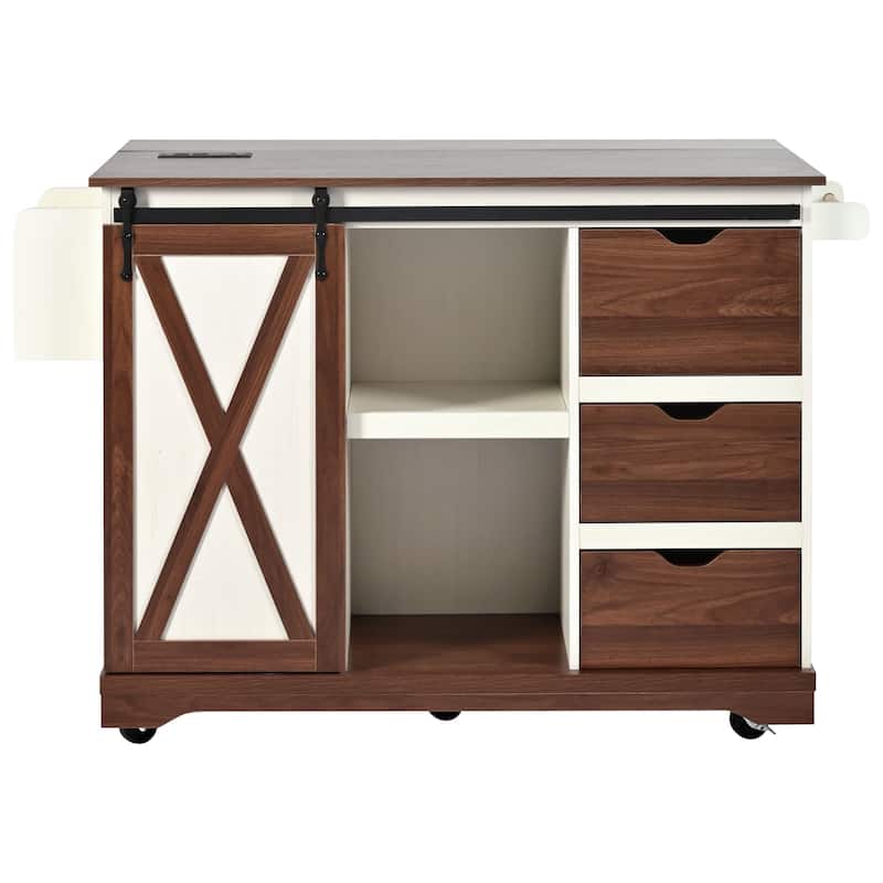 55" Wood Rolling Kitchen Island with Drop Leaf,Barn Door,Power Outlet