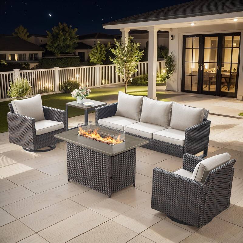 Outdoor Sofa Glider Chairs Table and Fire Pit Table - Brown - Beige
