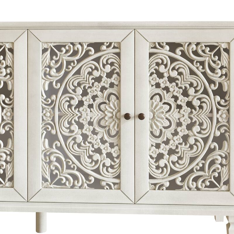 Buffet Cabinet with Floral Carvings with Solid Wood Legs&Antique Brass Handles&Adjustable Shelves,