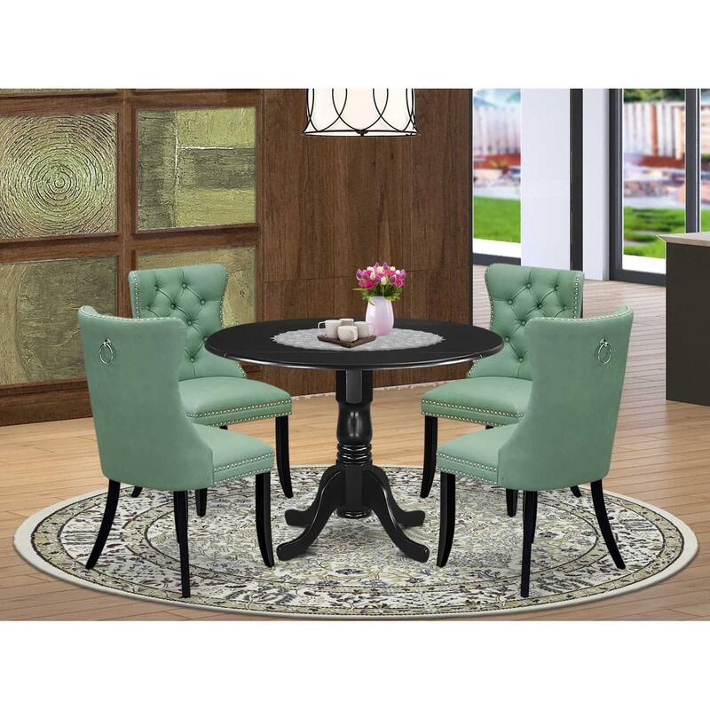 Southwestern Kitchen Table Set - 5 Piece Dining Set with Round Dropleaf Table & 4 Chairs - Black & Willow Green