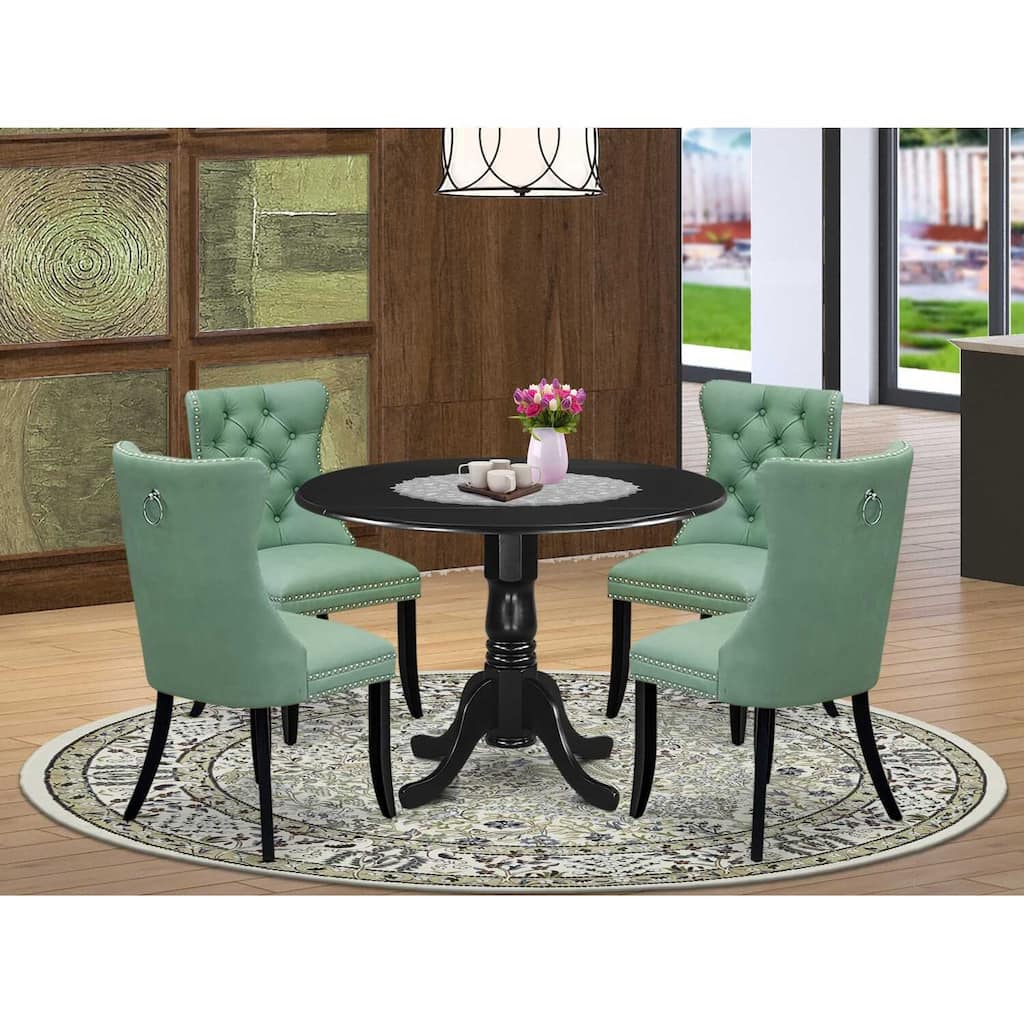 Southwestern Kitchen Table Set - 5 Piece Dining Set with Round Dropleaf Table & 4 Chairs - Black & Willow Green