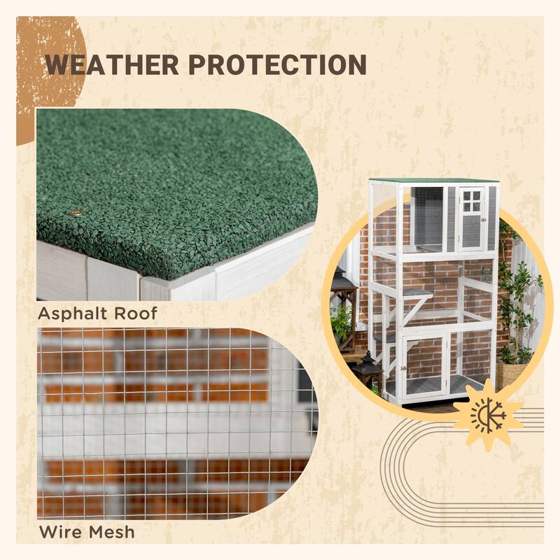 PawHut 74" Wooden Outdoor Cat House Weatherproof & Wheeled, Catio Outdoor Cat Enclosure - Gray