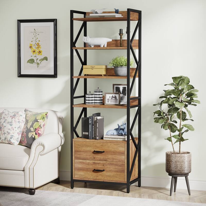 5-Tier Bookshelf Industrial Bookcase with 2 Drawers - Rustic Brown