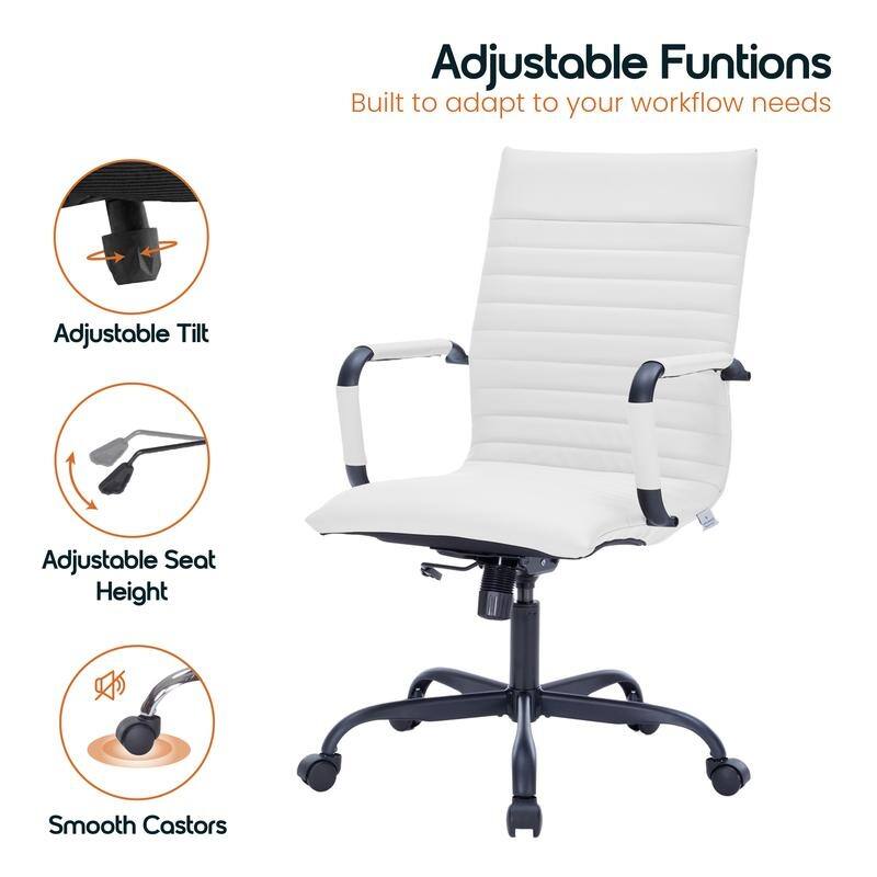 Harris Ribbed Leather Adjustable High-Back Desk Computer Swivel Office Chair in Black Metal Frame for Home Conference