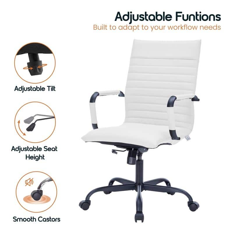 Harris Ribbed Leather Adjustable High-Back Desk Computer Swivel Office Chair in Black Metal Frame for Home Conference