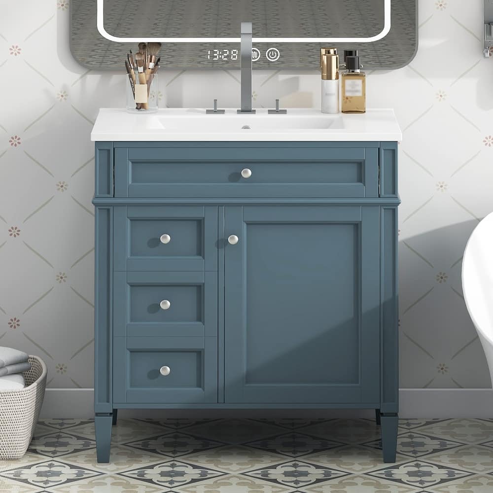 Bathroom Vanity Cabinet with Door Rack, Drawers of Different Sizes, Metal Textured Knobs, Roman Leg Design and Adjustable Shelf
