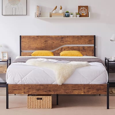 Javlergo Metal Platform Bed Frame with Wooden Headboard and Footboard, Industrial Metal Bedframe No Box Spring Needed