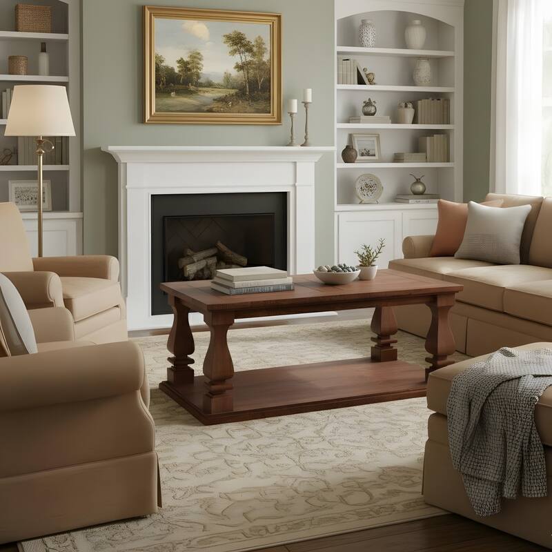 Farmhouse Coffee Table with Open Bottom Shelf for Living Room