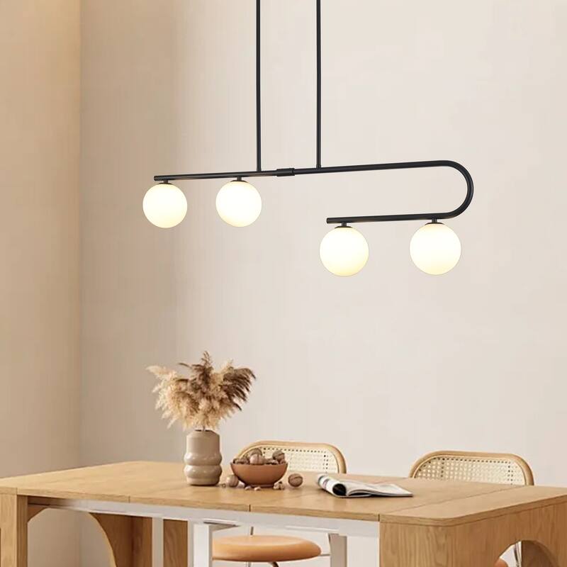 4-Light Modern Hanging Island Linear Chandelier Lighting Fixture with Glass Shade for Kitchen Foyer Dining Room