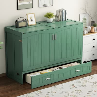 Solid Pine Murphy Bed Queen Size Foldable Bed Frame w/Charging Station