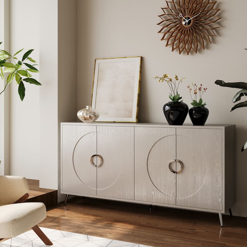 59.84" Champagne Silver Lacquered 4 Door Wooden Cabinet - 59.84 inches L x 15.74 inches W x 31 inches H