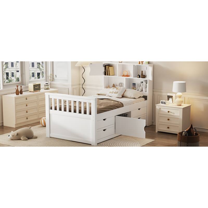 Roomfitters Twin Captain Platform Bed with Bookshelf Headboard and 4 Drawers
