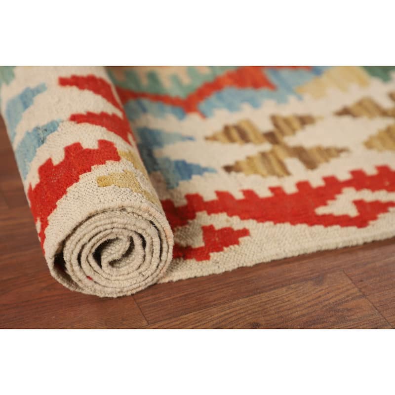Geometric Multi-Color Kilim Oriental Rug Flatweave Wool Carpet - 5'0"x 6'6"