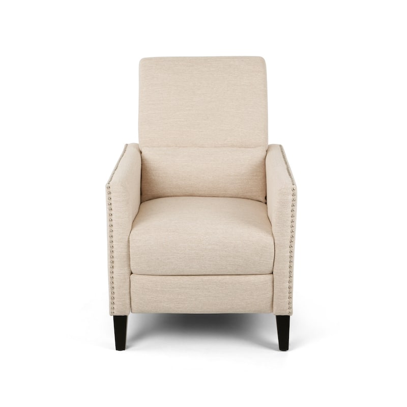 Push Back Manual Recliner Chair, Nailhead Trim Accent, Beige Fabric