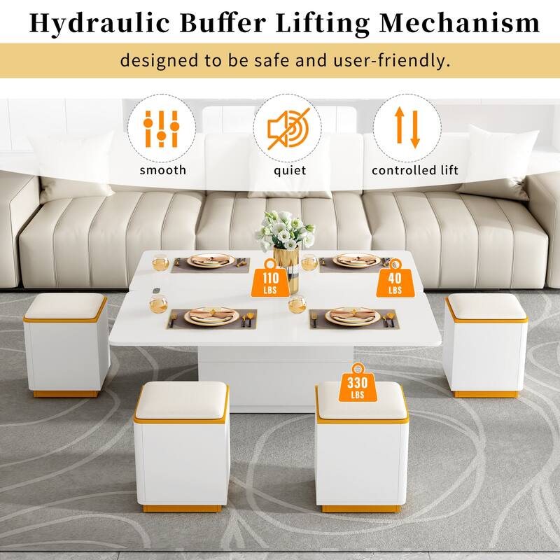 Lift-Top Coffee Table with 4 Storage Stools